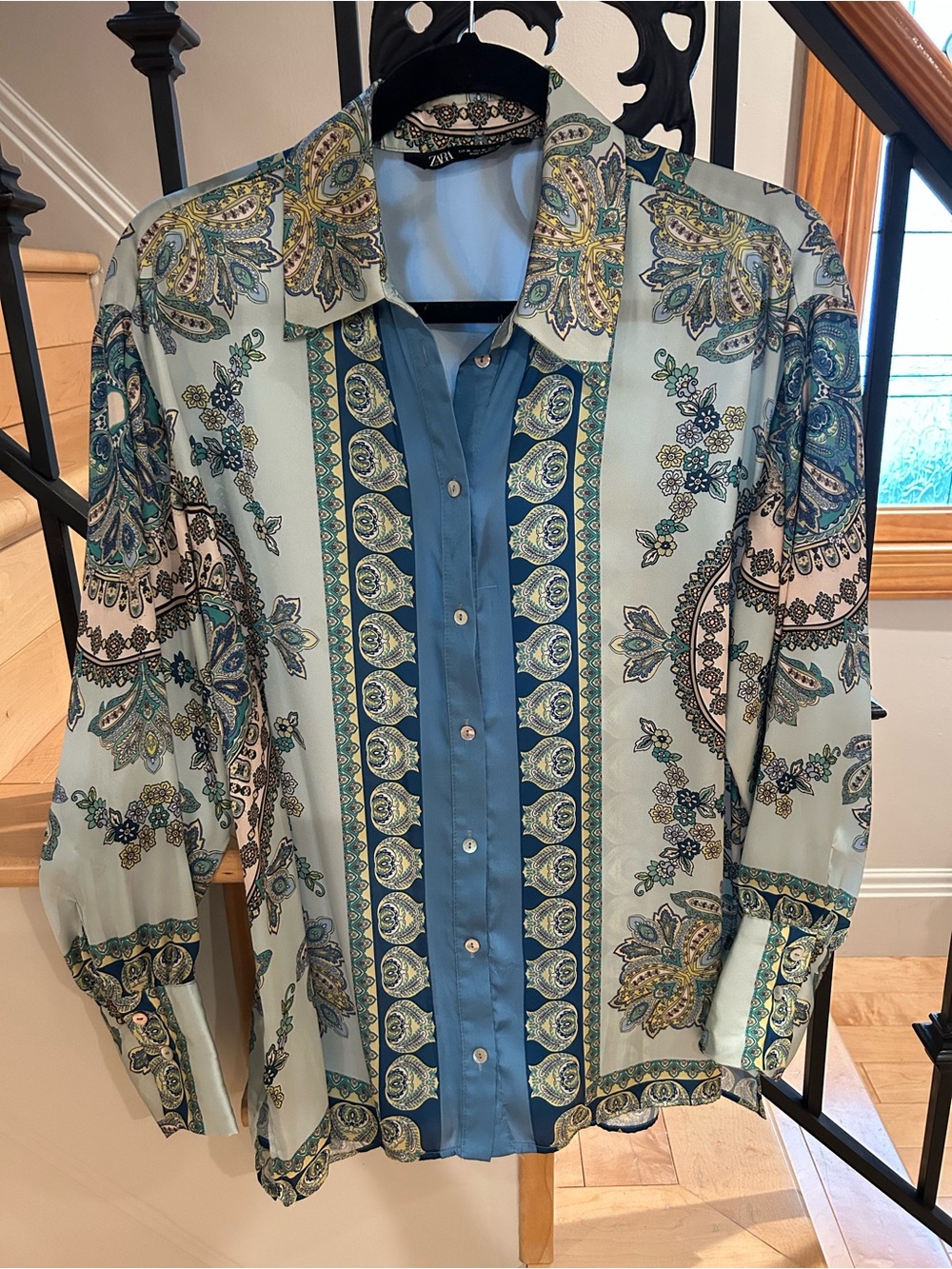 Zara Silky Paisley Button-Down Shirt - Blue/Light Green/cream